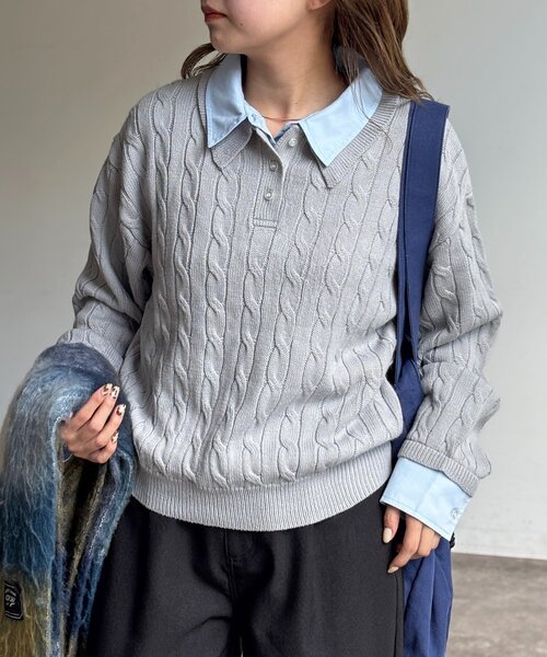 U.S. POLO ASSN.（ユーエスポロアッスン）の「フェイクレイヤードケーブルニットポロ（ニット/セーター・レディース・グレー/ネイビー/アイボリー・FREE）」の7枚目の写真
