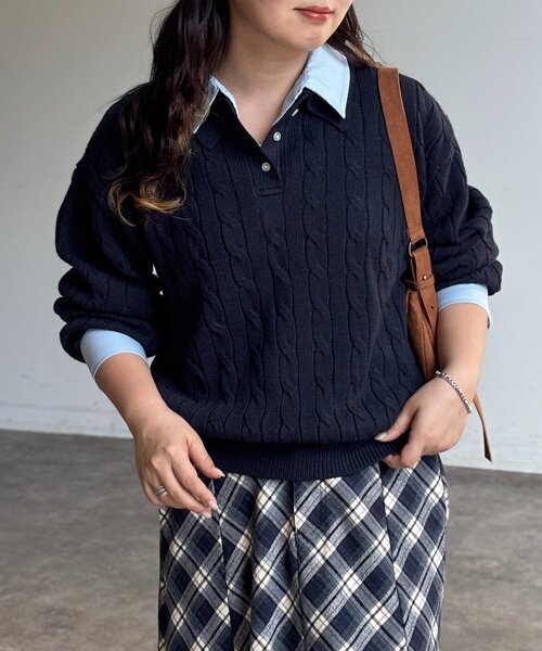 U.S. POLO ASSN.（ユーエスポロアッスン）の「フェイクレイヤードケーブルニットポロ（ニット/セーター・レディース・グレー/ネイビー/アイボリー・FREE）」の12枚目の写真