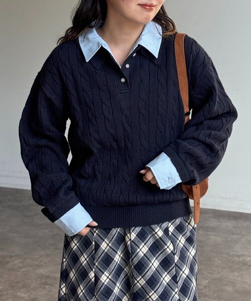 U.S. POLO ASSN.（ユーエスポロアッスン）の「フェイクレイヤードケーブルニットポロ（ニット/セーター・レディース・グレー/ネイビー/アイボリー・FREE）」の16枚目の写真