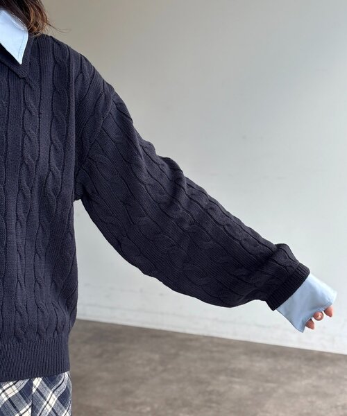 U.S. POLO ASSN.（ユーエスポロアッスン）の「フェイクレイヤードケーブルニットポロ（ニット/セーター・レディース・グレー/ネイビー/アイボリー・FREE）」の19枚目の写真