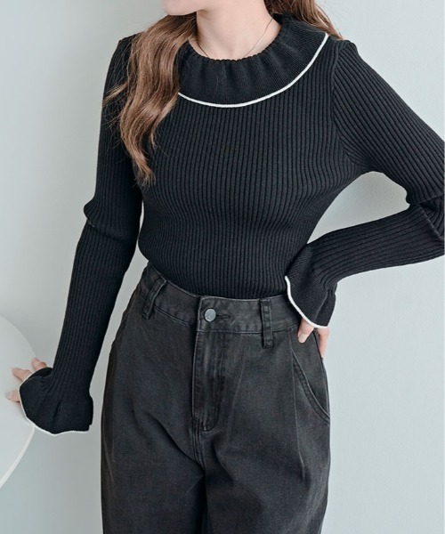 kirakiraShop(キラキラショップ)の「配色 パイピング リブ フレアスリーブ ニット トップス(ニット/セーター・レディース・グレー/オフホワイト/ブラック/ブラウン・FREE)」の15枚目の写真