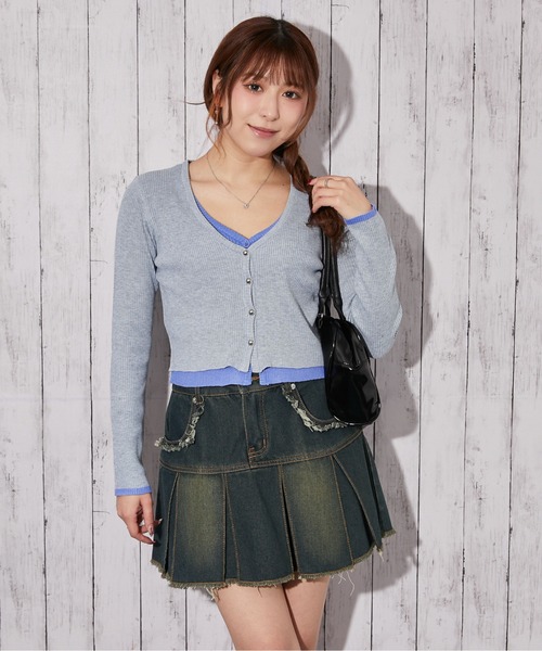 GORGE(ゴージ)の「《レイヤード配色×リブ素材》Vネックカーディガン/秋冬春(カーディガン/ボレロ・レディース・ブラック/オフホワイト/グレー・F)」の7枚目の写真