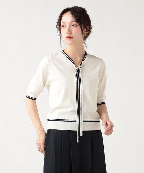 BEAMS HEART(ビームスハート)の「配色 ボウタイ プルオーバー(Tシャツ/カットソー・レディース・ホワイト/ネイビー/ベージュ・FREE)」の7枚目の写真