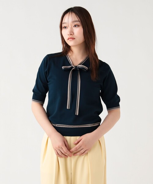 BEAMS HEART(ビームスハート)の「配色 ボウタイ プルオーバー(Tシャツ/カットソー・レディース・ホワイト/ネイビー/ベージュ・FREE)」の15枚目の写真