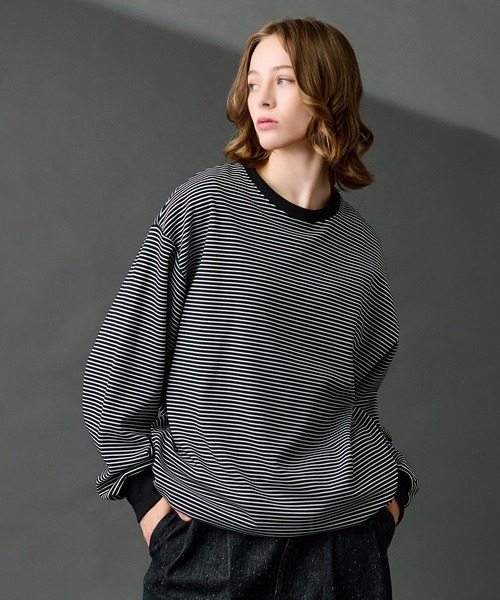 WETTEMPT(ウィテンプト)の「CREW NECK DRAW CORD BORDER LONG TEE / クルーネックドローコードボーダーロンT(Tシャツ/カットソー・メンズ・ブラック系2/ブラック・SMALL/MEDIUM/LARGE)」の2枚目の写真