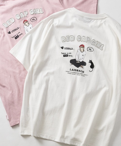 Red Cap Girl(レッドキャプガール)の「【a-r】〔RedCapGirl/レッドキャップガール〕イラスト×アップリケ 半袖Tシャツ メンズ/レディース/推し活(Tシャツ/カットソー・メンズ・ブラック/ホワイト/ピンク・MEDIUM/LARGE)」の1枚目の写真