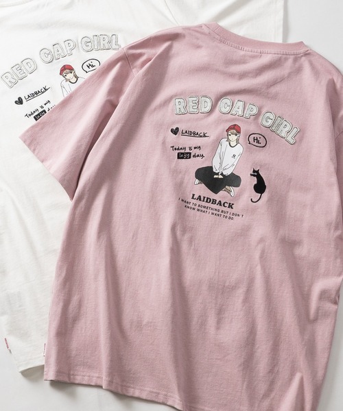 Red Cap Girl(レッドキャプガール)の「【a-r】〔RedCapGirl/レッドキャップガール〕イラスト×アップリケ 半袖Tシャツ メンズ/レディース/推し活(Tシャツ/カットソー・メンズ・ブラック/ホワイト/ピンク・MEDIUM/LARGE)」の3枚目の写真