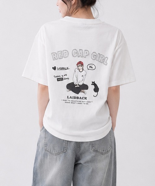 Red Cap Girl(レッドキャプガール)の「【a-r】〔RedCapGirl/レッドキャップガール〕イラスト×アップリケ 半袖Tシャツ メンズ/レディース/推し活(Tシャツ/カットソー・メンズ・ブラック/ホワイト/ピンク・MEDIUM/LARGE)」の10枚目の写真