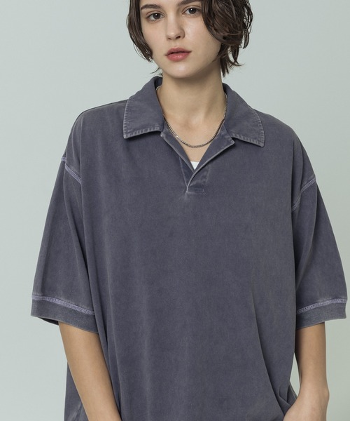 SLICK（スリック）の「【SLICK/スリック】Pigment Dye Skipper Polo/ピグメントダイ スキッパーポロ（Tシャツ/カットソー・メンズ・パープル/ライトグレー/ブラック・3/1/2）」の3枚目の写真