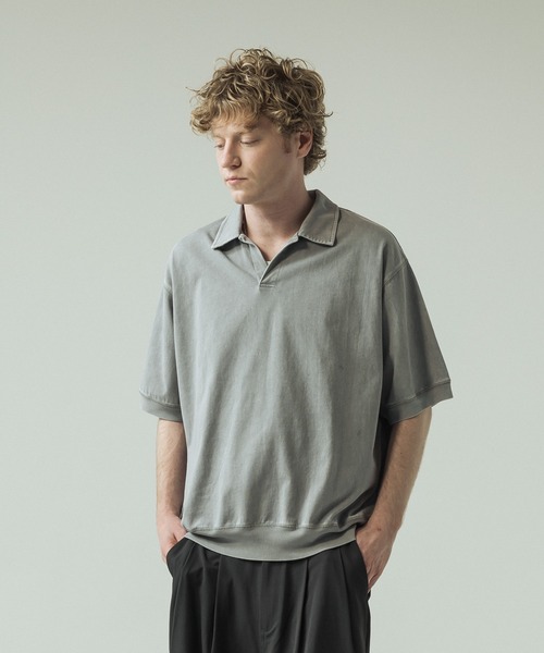 SLICK（スリック）の「【SLICK/スリック】Pigment Dye Skipper Polo/ピグメントダイ スキッパーポロ（Tシャツ/カットソー・メンズ・パープル/ライトグレー/ブラック・3/1/2）」の2枚目の写真