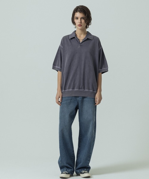 SLICK（スリック）の「【SLICK/スリック】Pigment Dye Skipper Polo/ピグメントダイ スキッパーポロ（Tシャツ/カットソー・メンズ・パープル/ライトグレー/ブラック・3/1/2）」の4枚目の写真