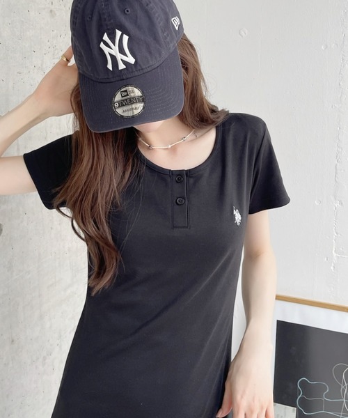 U.S. POLO ASSN.（ユーエスポロアッスン）の「【Ada.別注 U.S. POLO ASSN.】 ヘンリーネック カットソー ワンピース 肩パッド付き ◎（ワンピース・レディース・ブラック/グレー/チャコール・L/M）」の18枚目の写真