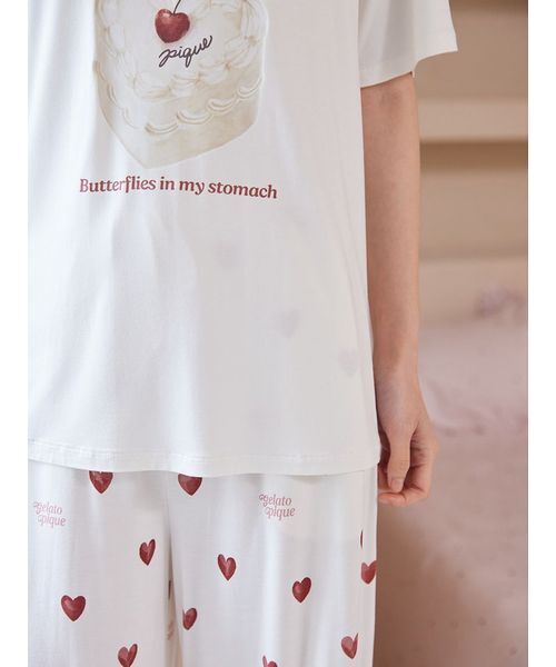 ONLINE限定】【接触冷感】ケーキワンポイントTシャツ&ハート柄ショート ONLINE限定】【接触冷感】ケーキワンポイントTシャツ&ハート柄ショート
