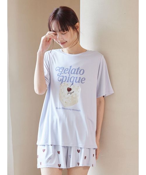 最終値下げ【上下セット】ジェラピケ　カットソーシャツ　ショートパンツ ONLINE限定】【接触冷感】ケーキワンポイントTシャツ&ハート柄ショート