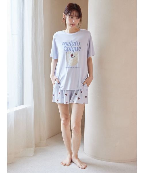 ONLINE限定】【接触冷感】ケーキワンポイントTシャツ&ハート柄ショート