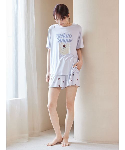 ONLINE限定】【接触冷感】ケーキワンポイントTシャツ&ハート柄ショート