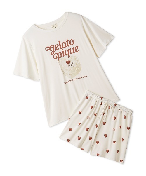 サンリオ✖️gelato pique Tシャツ、ショートパンツ上下セット ONLINE限定】【接触冷感】ケーキワンポイントTシャツ&ハート柄ショート