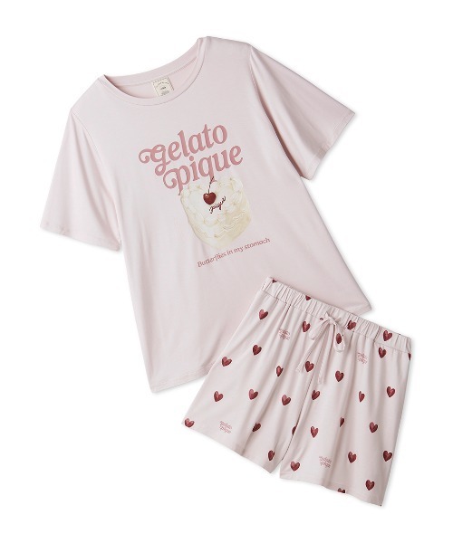 ONLINE限定】【接触冷感】ケーキワンポイントTシャツ&ハート柄ショート