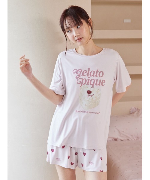ONLINE限定】【接触冷感】ケーキワンポイントTシャツ&ハート柄ショート