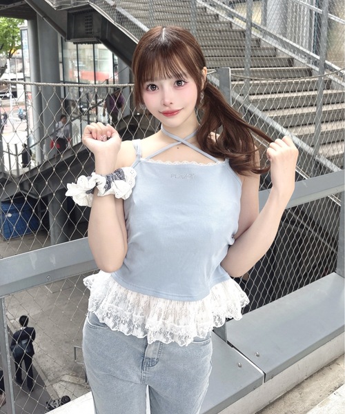 one way（ワンウェイ）の「ビジュロゴフリルキャミソール（キャミソール・レディース・ネイビー/ホワイト/サックスブルー/グレー・FREE）」の5枚目の写真