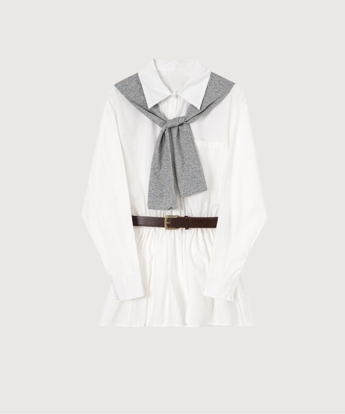 LA POMME petit(ラポミ・プチ)の「Belted Shirt One Piece With Shawl(ワンピース・レディース・ブルー/ホワイト・FREE)」の1枚目の写真