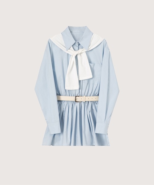 LA POMME petit(ラポミ・プチ)の「Belted Shirt One Piece With Shawl(ワンピース・レディース・ブルー/ホワイト・FREE)」の2枚目の写真
