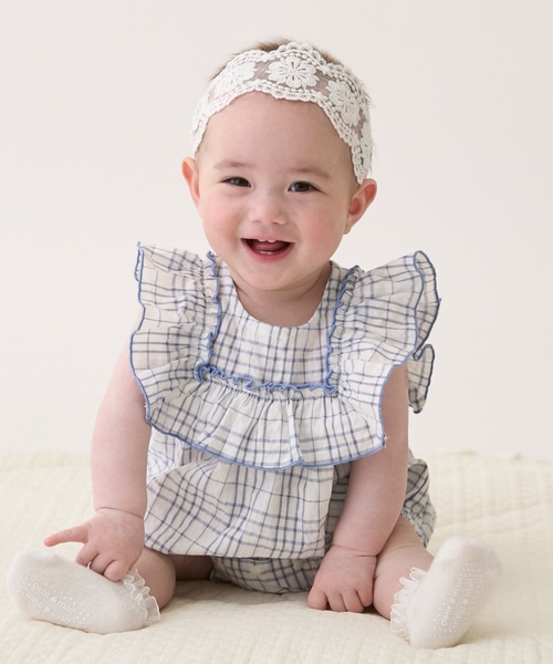 petit main（プティマイン）の「チェックフリルカバーオール（ロンパース・キッズ・ライトブルー/ライトピンク・80ｃｍ/70cm）」の2枚目の写真