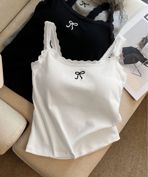 kirakiraShop（キラキラショップ）の「リボン刺繍 カップ付き レース リブ キャミソール（タンクトップ・レディース・杢グレー/ブラック/ホワイト・FREE）」の4枚目の写真