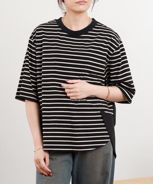 Anna Nicola（アンナニコラ）の「Anna Nicola 異素材切替ボーダーカットソー（Tシャツ/カットソー・レディース・オフホワイト/ブラック・38）」の2枚目の写真