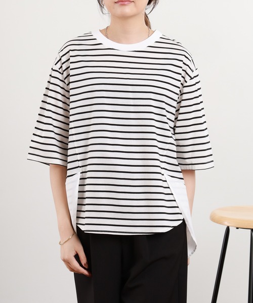 Anna Nicola（アンナニコラ）の「Anna Nicola 異素材切替ボーダーカットソー（Tシャツ/カットソー・レディース・オフホワイト/ブラック・38）」の18枚目の写真