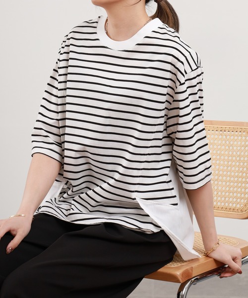 Anna Nicola（アンナニコラ）の「Anna Nicola 異素材切替ボーダーカットソー（Tシャツ/カットソー・レディース・オフホワイト/ブラック・38）」の3枚目の写真