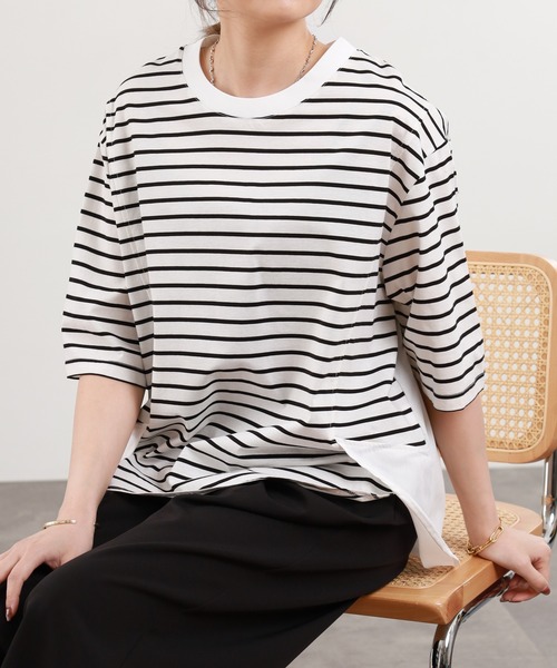 Anna Nicola（アンナニコラ）の「Anna Nicola 異素材切替ボーダーカットソー（Tシャツ/カットソー・レディース・オフホワイト/ブラック・38）」の4枚目の写真