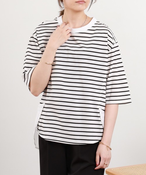 Anna Nicola（アンナニコラ）の「Anna Nicola 異素材切替ボーダーカットソー（Tシャツ/カットソー・レディース・オフホワイト/ブラック・38）」の5枚目の写真