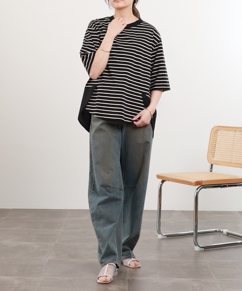 Anna Nicola（アンナニコラ）の「Anna Nicola 異素材切替ボーダーカットソー（Tシャツ/カットソー・レディース・オフホワイト/ブラック・38）」の16枚目の写真