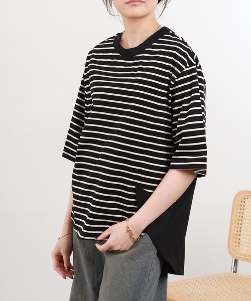 Anna Nicola（アンナニコラ）の「Anna Nicola 異素材切替ボーダーカットソー（Tシャツ/カットソー・レディース・オフホワイト/ブラック・38）」の13枚目の写真