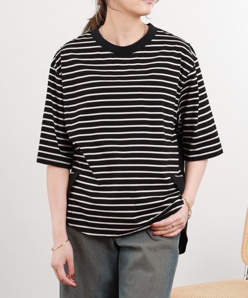 Anna Nicola（アンナニコラ）の「Anna Nicola 異素材切替ボーダーカットソー（Tシャツ/カットソー・レディース・オフホワイト/ブラック・38）」の11枚目の写真