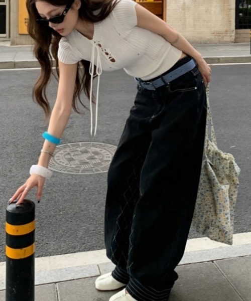 Vipoa(ヴィポア)の「race-up short sleeve knit(ニット/セーター・レディース・ブルー/ホワイト/ブラック・FREE)」の16枚目の写真
