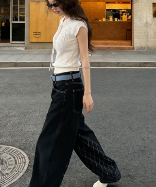 Vipoa(ヴィポア)の「race-up short sleeve knit(ニット/セーター・レディース・ブルー/ホワイト/ブラック・FREE)」の18枚目の写真