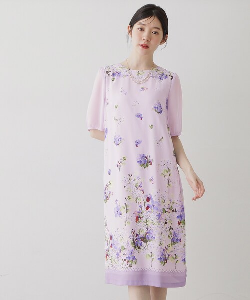 Sunauna（スーナウーナ）の「【co creation and yours／SS～L】多色花柄プリント五分袖ワンピース（ワンピース・レディース・パープル系5/グリーン系その他2/ネイビー系・40/38/36/34）」の3枚目の写真