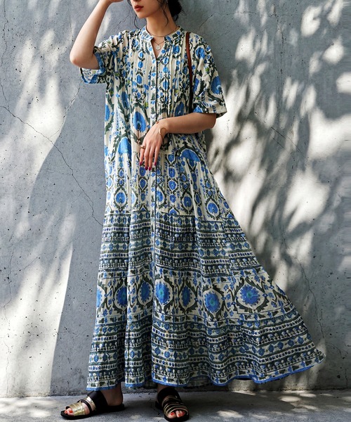 antiqua(アンティカ)の「ロング フレア 綿100 ワンピース(シャツワンピース・レディース・ブルー系その他・ONESIZE)」の1枚目の写真