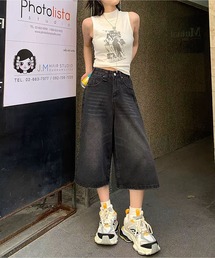 ウォッシュ加工バギーハーフデニムパンツ