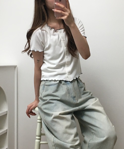 atONE(アットワン)の「メロークルーC/Dリブ 半袖(Tシャツ/カットソー・レディース・ブラック/オフホワイト・M)」の2枚目の写真