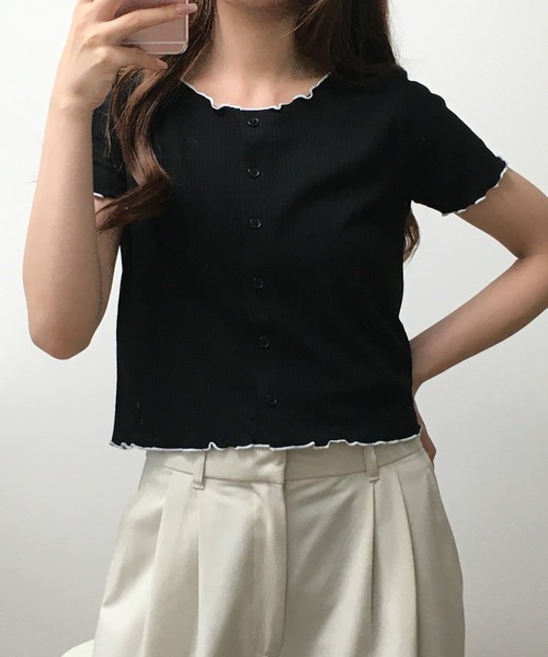 atONE(アットワン)の「メロークルーC/Dリブ 半袖(Tシャツ/カットソー・レディース・ブラック/オフホワイト・M)」の1枚目の写真