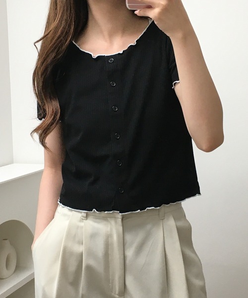 atONE(アットワン)の「メロークルーC/Dリブ 半袖(Tシャツ/カットソー・レディース・ブラック/オフホワイト・M)」の3枚目の写真