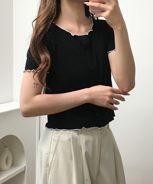 atONE(アットワン)の「メロークルーC/Dリブ 半袖(Tシャツ/カットソー・レディース・ブラック/オフホワイト・M)」の4枚目の写真