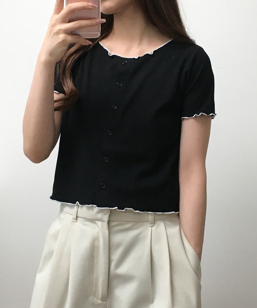 atONE(アットワン)の「メロークルーC/Dリブ 半袖(Tシャツ/カットソー・レディース・ブラック/オフホワイト・M)」の5枚目の写真