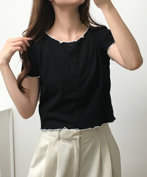 atONE(アットワン)の「メロークルーC/Dリブ 半袖(Tシャツ/カットソー・レディース・ブラック/オフホワイト・M)」の6枚目の写真