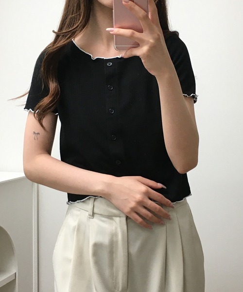 atONE(アットワン)の「メロークルーC/Dリブ 半袖(Tシャツ/カットソー・レディース・ブラック/オフホワイト・M)」の7枚目の写真