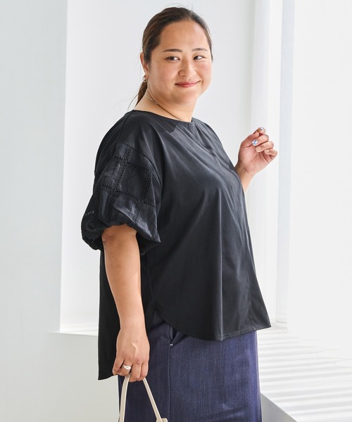 LAVEANGE(ラビアンジェ)の「【洗える】袖刺繍レース異素材プルオーバー|大人フェミニン/きれいめ/ボリューム袖/半袖トップス/体型カバー(Tシャツ/カットソー・レディース・ブラック/オフホワイト・M/LL/3L/4L/5L)」の11枚目の写真