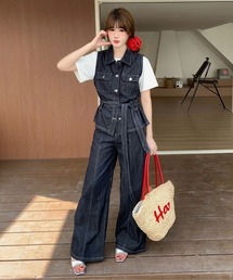 配色ステッチ デニムベスト × ワイドパンツ セットアップ
